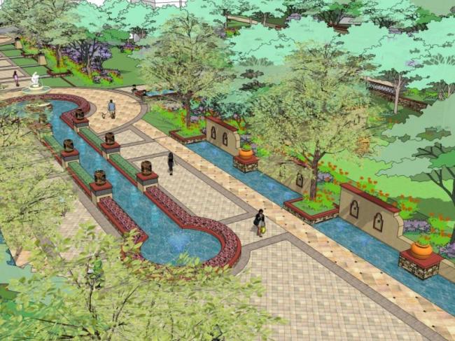 Sketchup景观模型|小区住宅景观，西班牙风格，古典风格