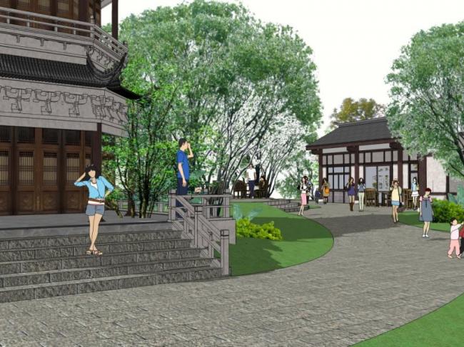 Sketchup景观模型|塔楼广场景观，中式风格