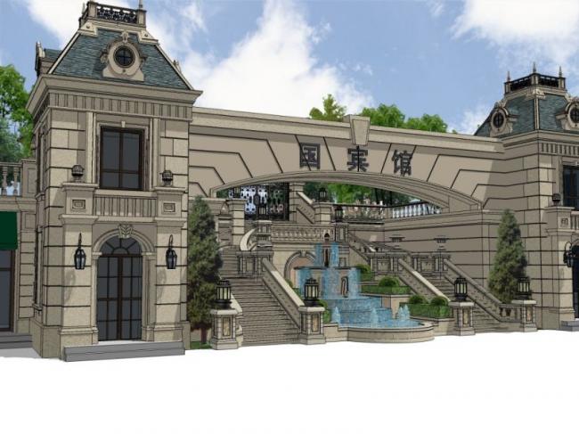 Sketchup景观模型|商业入口景观，古典风格