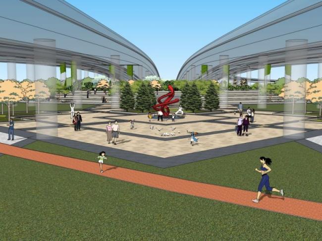 Sketchup景观模型|立交桥下公园景观，现代风格