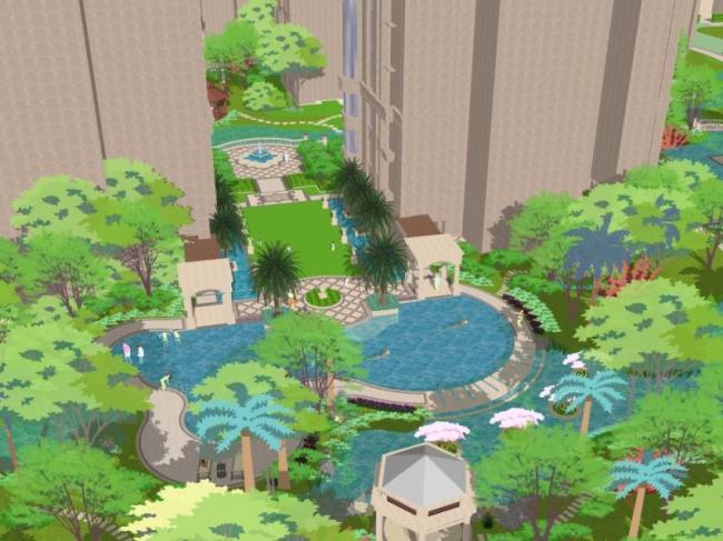 Sketchup景观模型|小区景观，欧式风格，古典风格