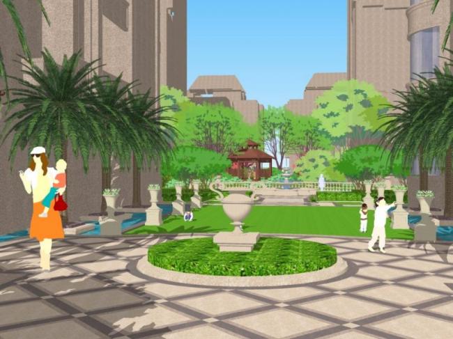 Sketchup景观模型|小区景观，欧式风格，古典风格