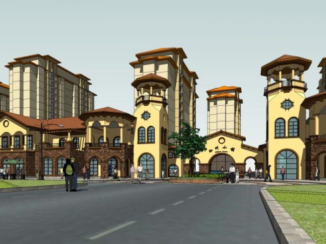 Sketchup商业模型|商业街，西班牙古典风格