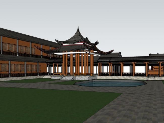 Sketchup住宅模型|多层庭院，居住建筑，中式风格