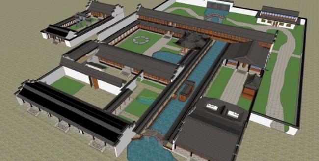 Sketchup住宅模型|多层庭院，居住建筑，中式风格
