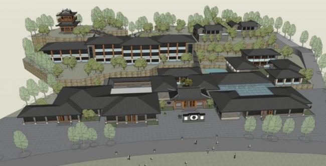 Sketchup酒店模型|多层园林酒店，中式风格