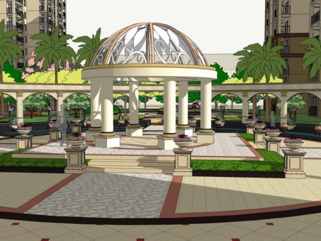 Sketchup景观模型|小区景观，住宅景观，古典风格
