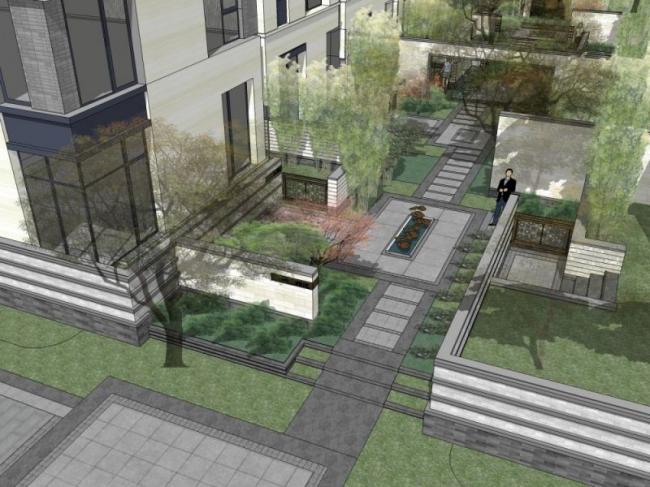 Sketchup景观模型|宅间庭院景观，住宅景观，中式风格