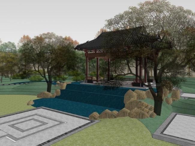 Sketchup景观模型|庭院景观，中式风格