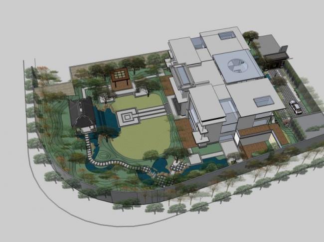 Sketchup景观模型|庭院景观，中式风格