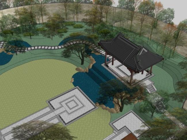 Sketchup景观模型|庭院景观，中式风格