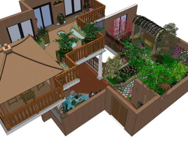 Sketchup景观模型|庭院花园，中式风格
