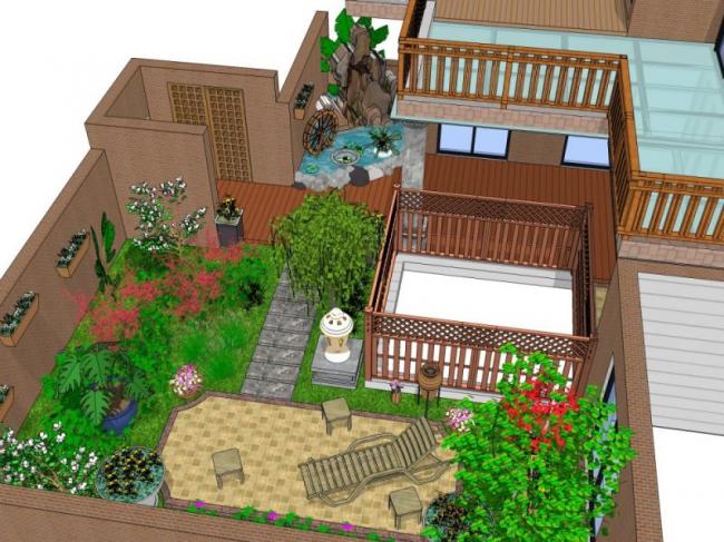 Sketchup景观模型|庭院花园景观，中式风格
