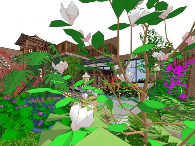 Sketchup景观模型|庭院花园景观，中式风格