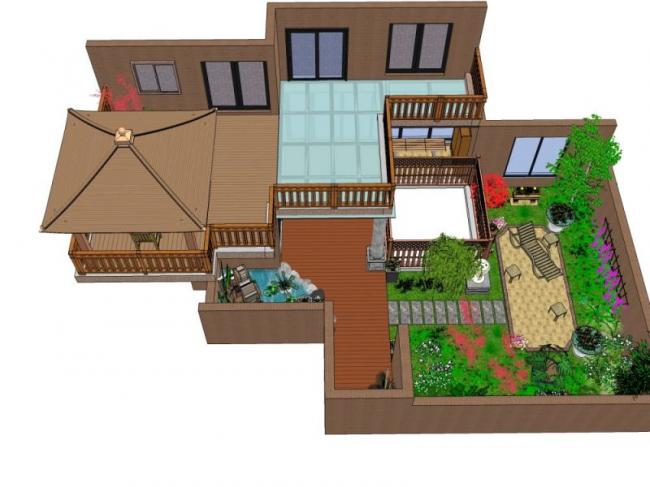 Sketchup景观模型|庭院花园景观，中式风格