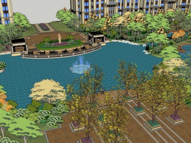 Sketchup景观模型|小区景观，住宅景观，古典风格