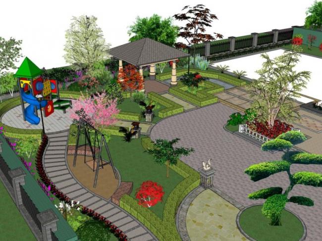 Sketchup景观模型|庭院花园，新中式风格