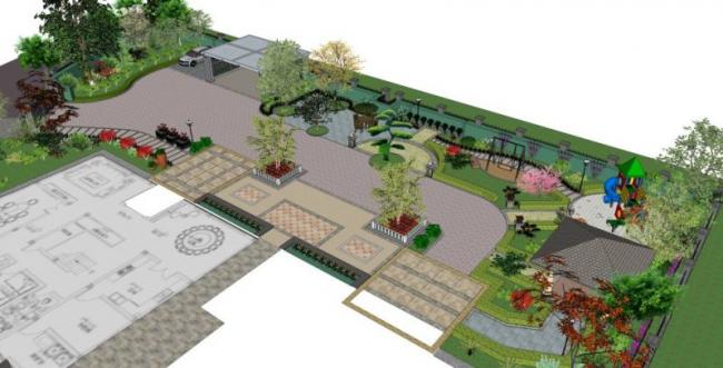 Sketchup景观模型|庭院花园，新中式风格