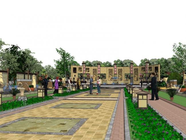 Sketchup景观模型|广场景观，中式风格