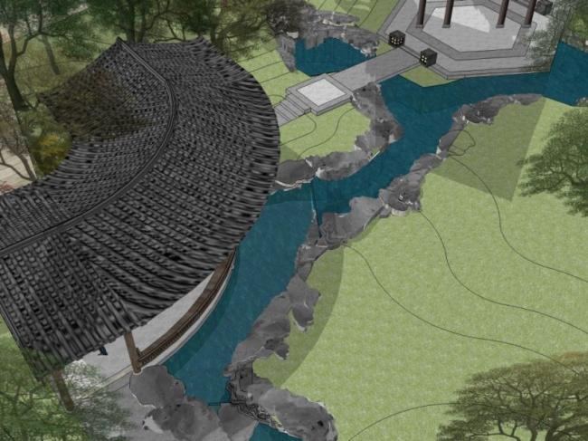 Sketchup景观模型|庭院景观，中式风格