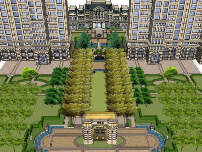 Sketchup景观模型|小区景观，住宅景观，法式风格，古典风格