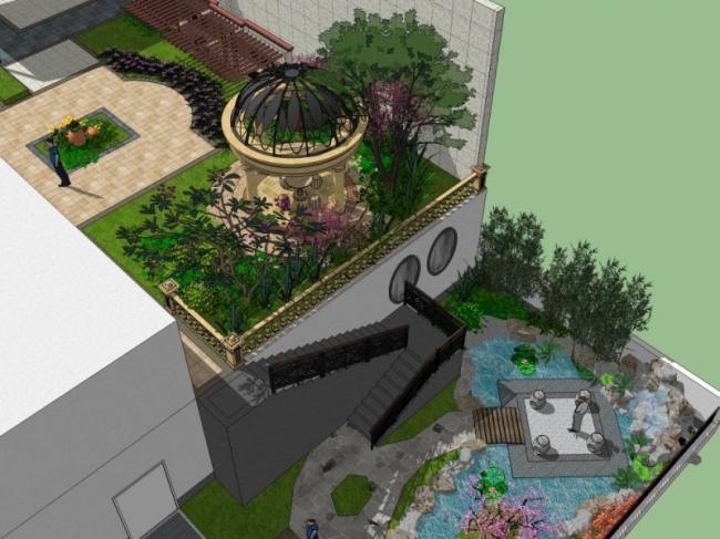 Sketchup景观模型|庭院景观，古典风格