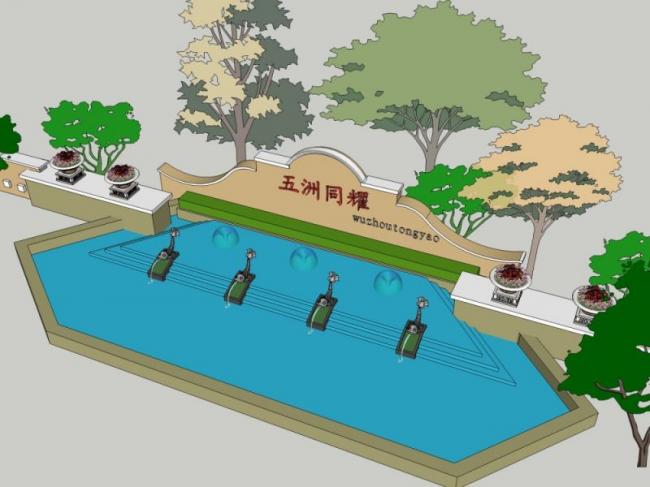 Sketchup景观模型|小区入口，西班牙风格，古典风格