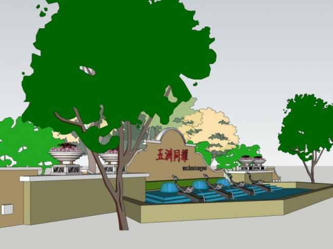 Sketchup景观模型|小区入口，西班牙风格，古典风格