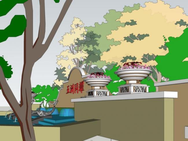 Sketchup景观模型|小区入口，西班牙风格，古典风格