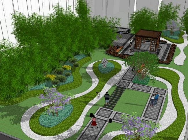 Sketchup景观模型|庭院景观，新中式风格