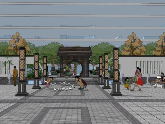 Sketchup景观模型|小区景观，住宅景观，新中式风格