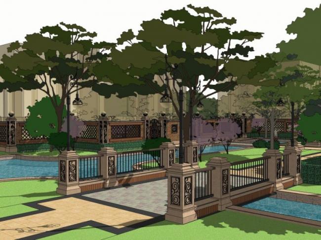 Sketchup景观模型|小区景观，住宅景观，古典风格