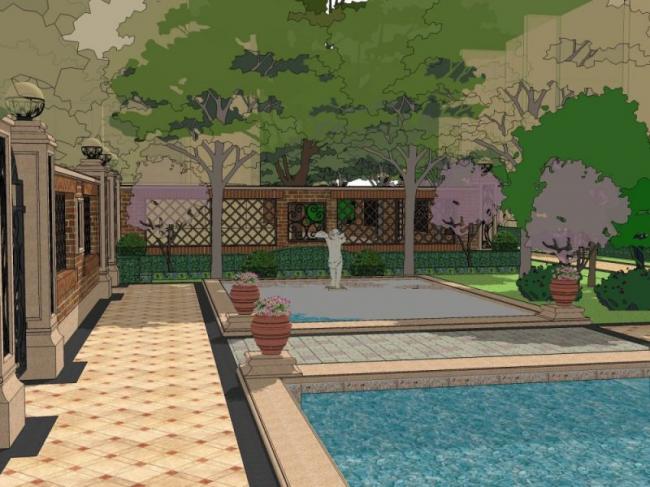 Sketchup景观模型|小区景观，住宅景观，古典风格