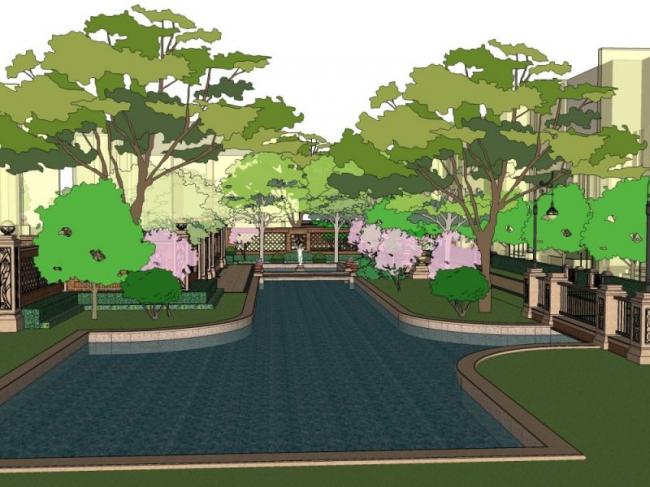 Sketchup景观模型|小区景观，住宅景观，古典风格