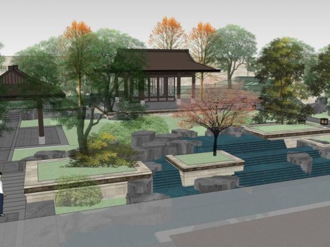 Sketchup景观模型|庭院景观，中式风格