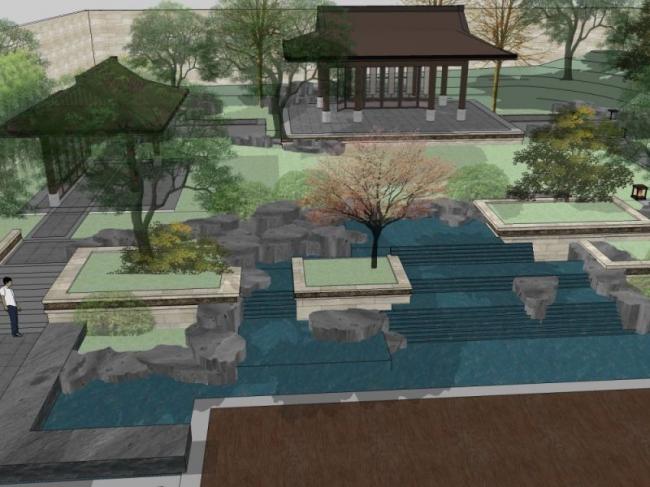 Sketchup景观模型|庭院景观，中式风格