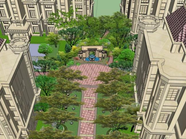 Sketchup景观模型|小区景观，住宅景观，古典风格