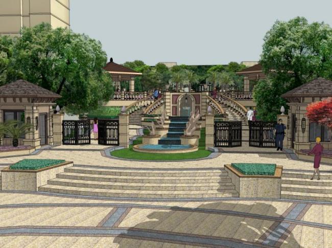 Sketchup景观模型|小区景观，住宅景观，古典风格
