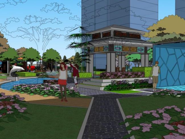 Sketchup景观模型|住宅景观，小区景观，现代中式风格