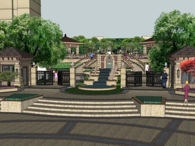 Sketchup景观模型|小区景观，住宅景观，欧式风格，古典风格