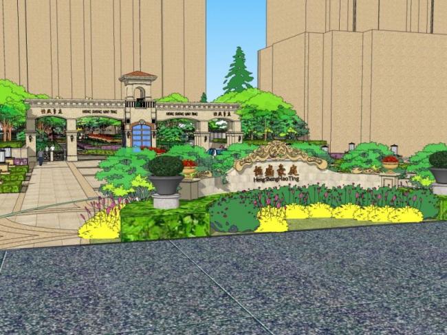 Sketchup景观模型|小区景观，住宅景观，古典风格