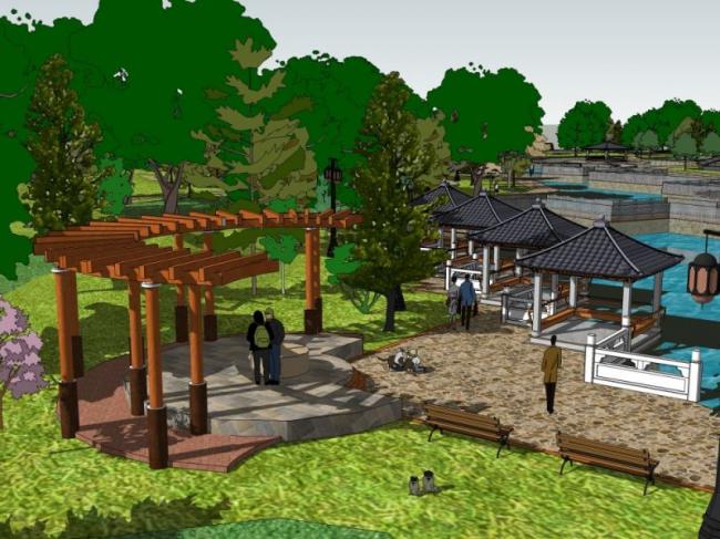Sketchup景观模型|公园景观，现代中式风格