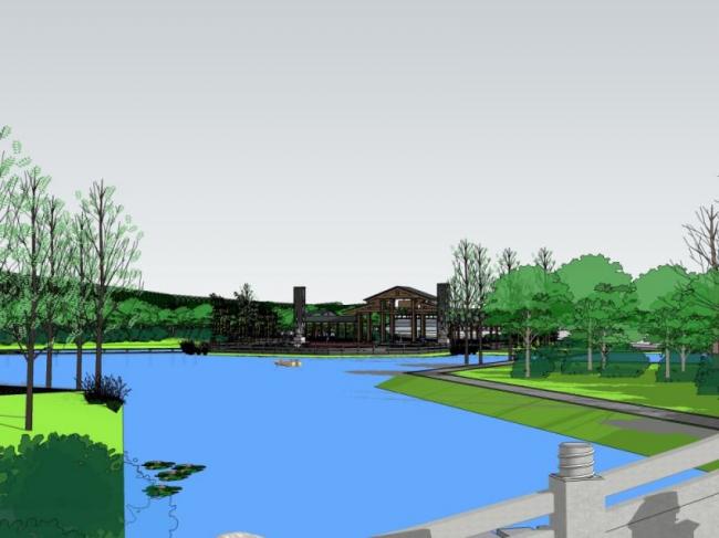 Sketchup景观模型|公园景观，滨水景观，中式风格