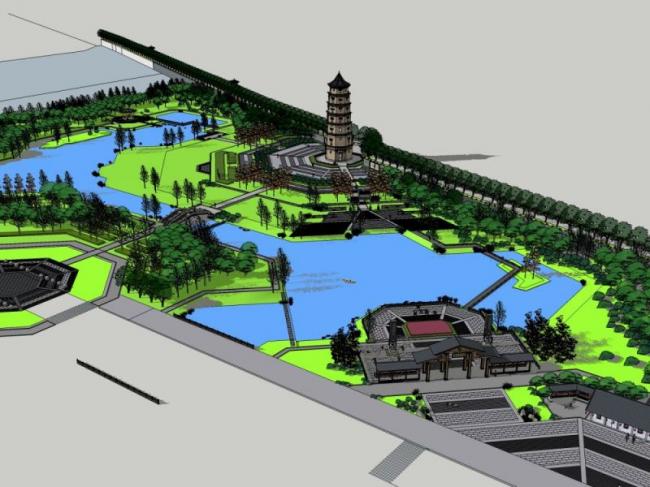 Sketchup景观模型|公园景观，滨水景观，中式风格
