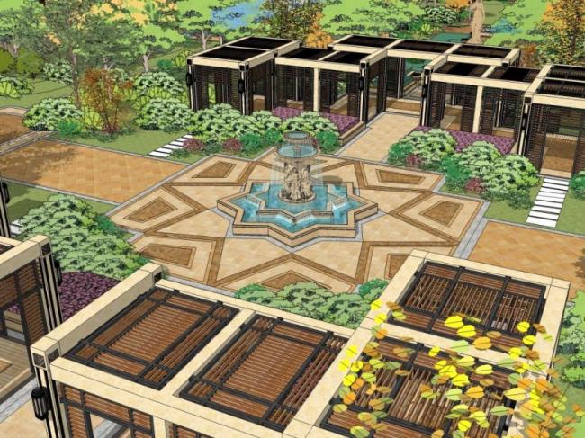 Sketchup景观模型|小区景观，住宅景观，古典风格