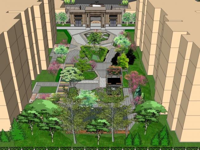 Sketchup景观模型|小区景观，住宅景观，现代风格