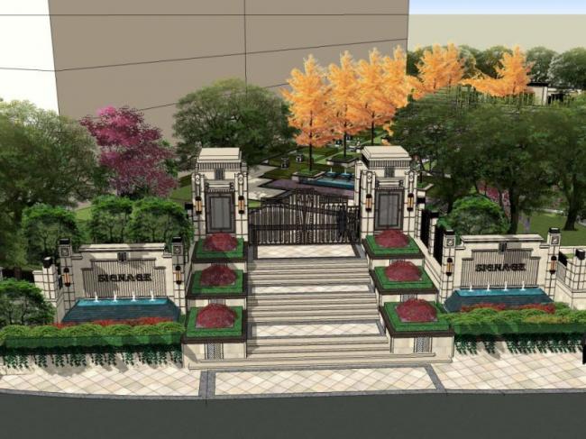 Sketchup景观模型|小区景观，住宅景观，古典风格