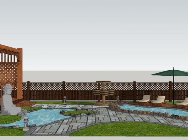 Sketchup景观模型|别墅庭院，中式风格