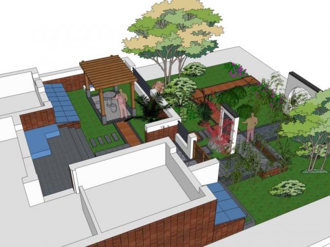 Sketchup景观模型|景观庭院，现代中式风格