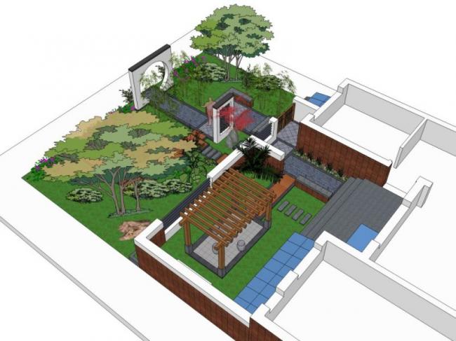 Sketchup景观模型|景观庭院，现代中式风格